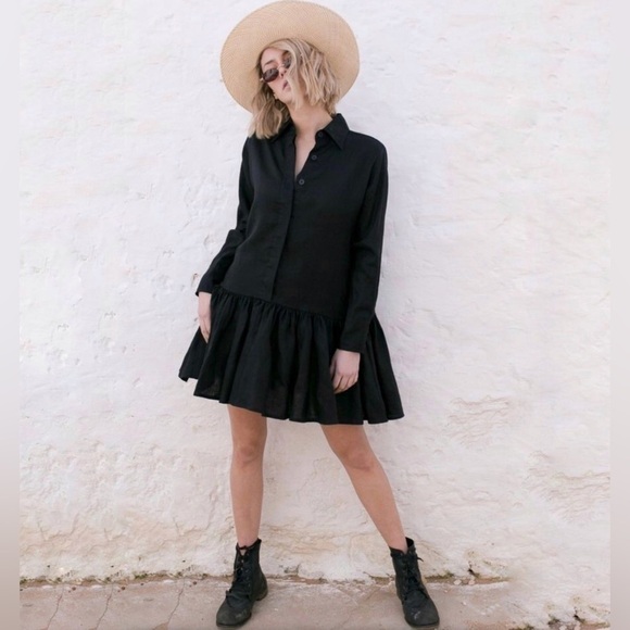 Morton Mac Black Linen Pleated Peplum Lotte Long Sleeve Shirt Dress OS - Picture 16 of 16